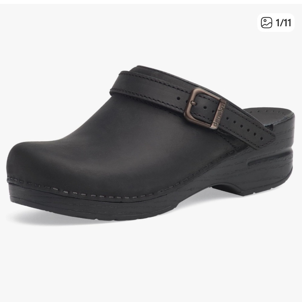 Dansko Black Leather Clog Mule with Buckle Strap